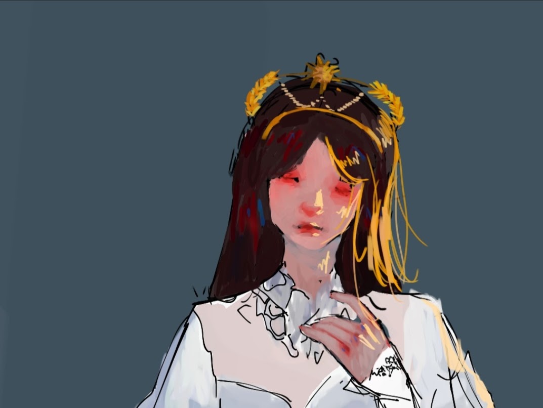 desenho de uma menina com um acessorio de ouro na cabeça 